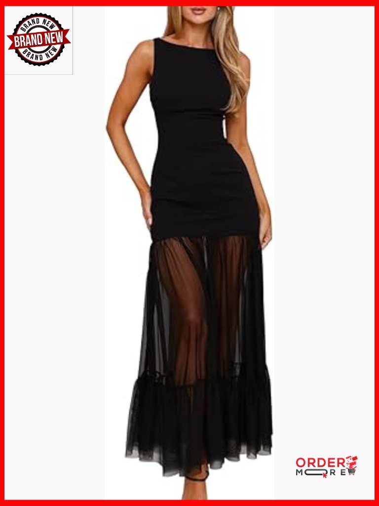 Elegant Crew Neck Backless Maxi Dress Sleeveless Mesh Evening Long